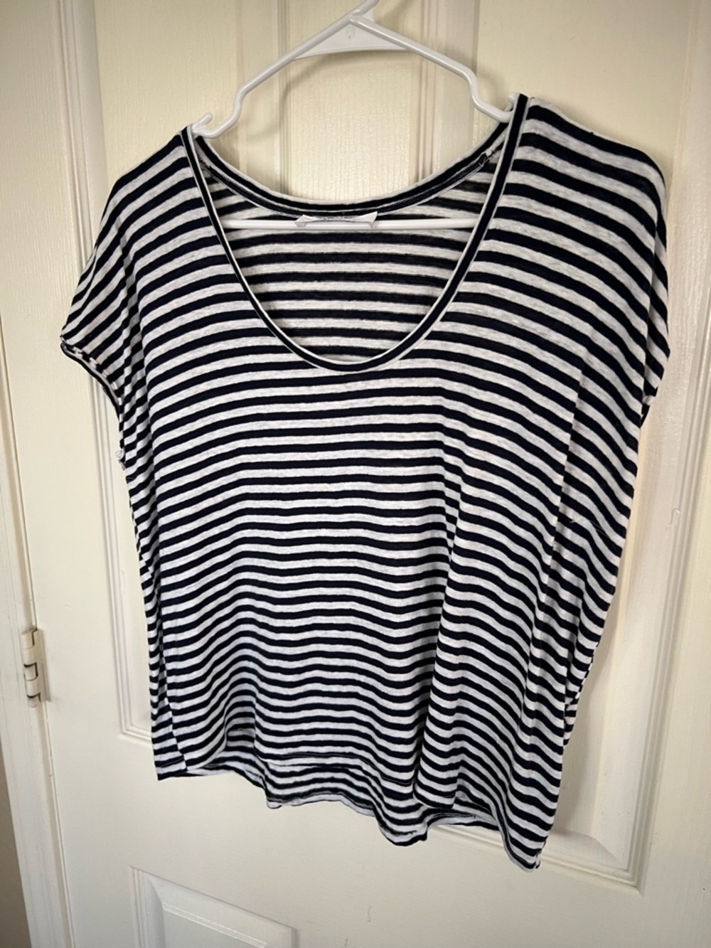 FRAME Striped Linen Tee Blue White Scoop Neck Raw Edge Top Organic Linen - Picture 6 of 9